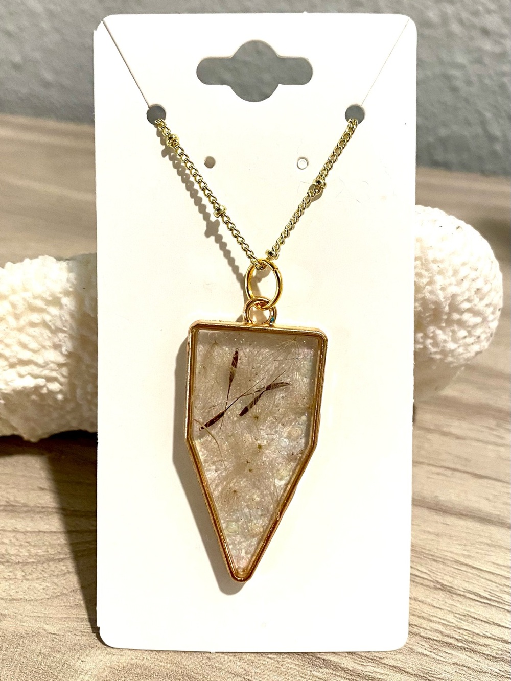 139. Gold-Tone dandelion and beach sand Resin Geometric Pendant Necklace